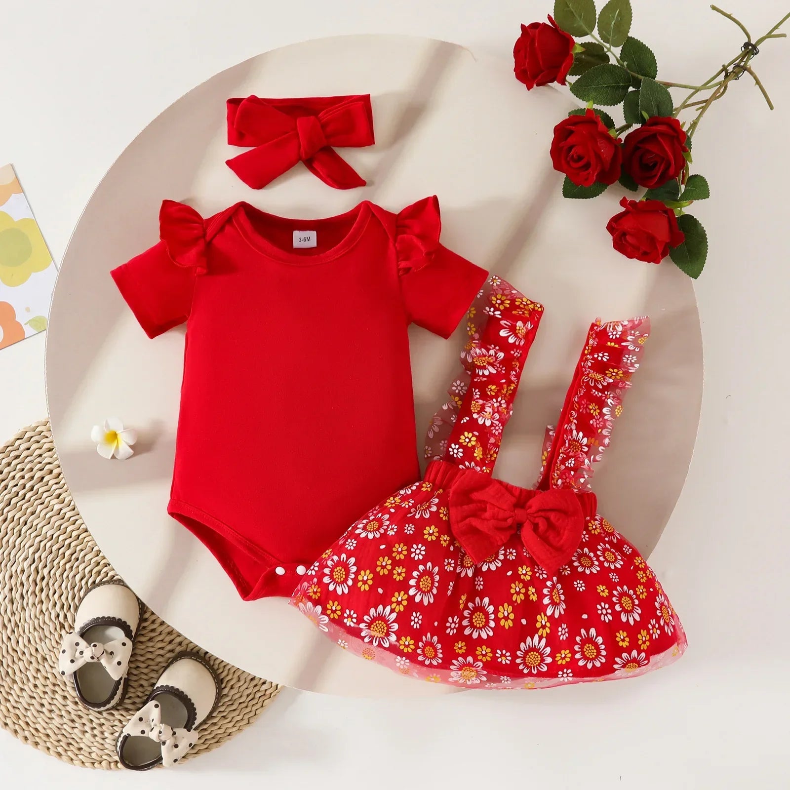 0 - 2 Y Baby Girl Short - Sleeve Cotton Romper and Mesh Strap Skirt Set with Bow Options for Children's Clothes