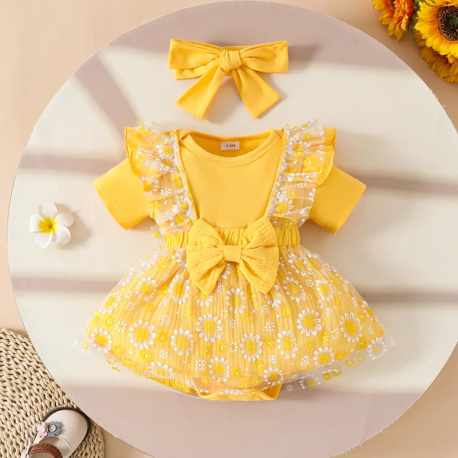 0 - 2 Y Baby Girl Short - Sleeve Cotton Romper and Mesh Strap Skirt Set with Bow Options for Children's Clothes